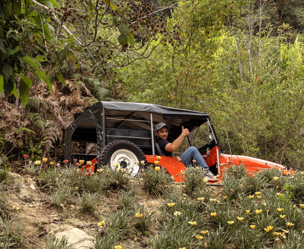 Conductor en el Jeep clásico entre flores amarillas en la montaña