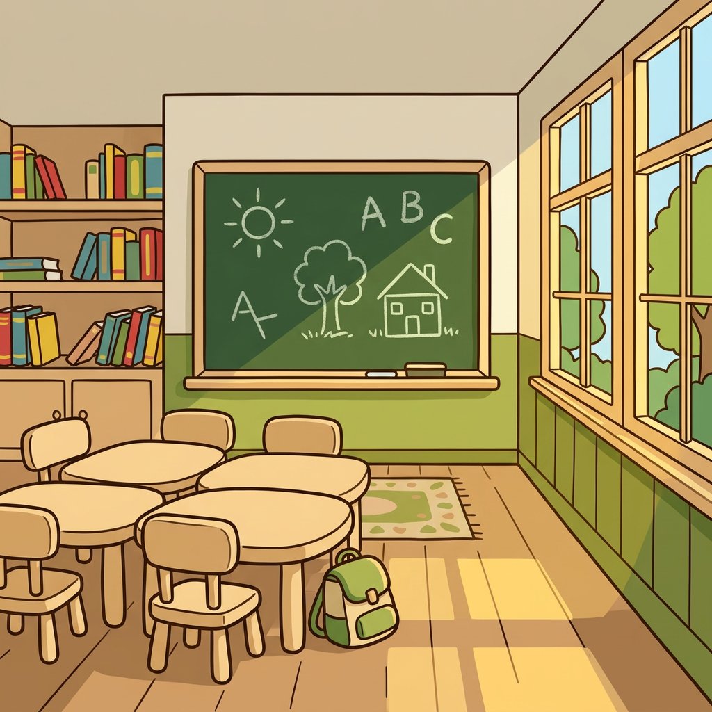 Ilustración de un salón de clases luminoso con pizarra, libros y mesas pequeñas